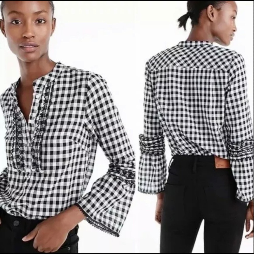 J. Crew Embroidered Bell Sleeve Blouse Gingham 0